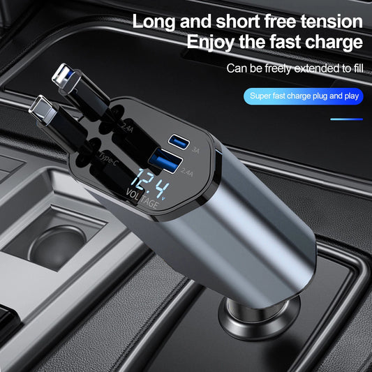 Chargeur Voiture 4-en-1 | 120W – Câble Rétractable, 2 USB + USB-C + Lightning
